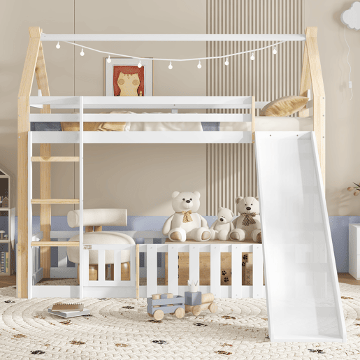 Beliche 90x200cm - Teto requintado, escorregador divertido, espaço livre com corrimão - Branco + Natural