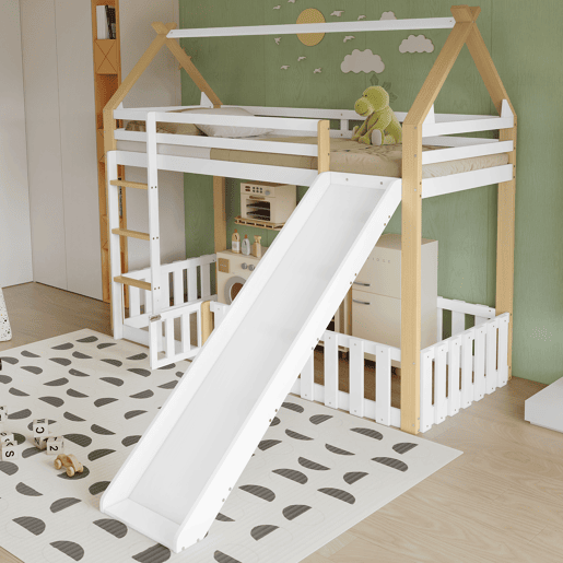 Beliche 90x200cm - Teto requintado, escorregador divertido, espaço livre com corrimão - Branco + Natural