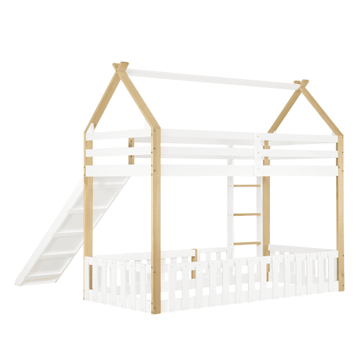 Beliche 90x200cm - Teto requintado, escorregador divertido, espaço livre com corrimão - Branco + Natural