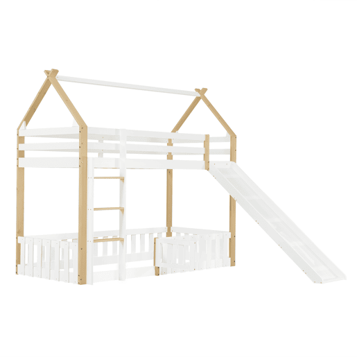 Beliche 90x200cm - Teto requintado, escorregador divertido, espaço livre com corrimão - Branco + Natural
