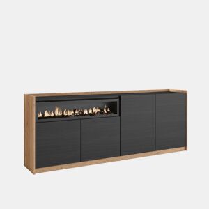 Aparador sala de jantar, Sala, Cozinha, Entrada, TV, 207x37x80cm, 4 Portas, Lareira eléctrica, LED, Estilo moderno, Preto e Carvalho