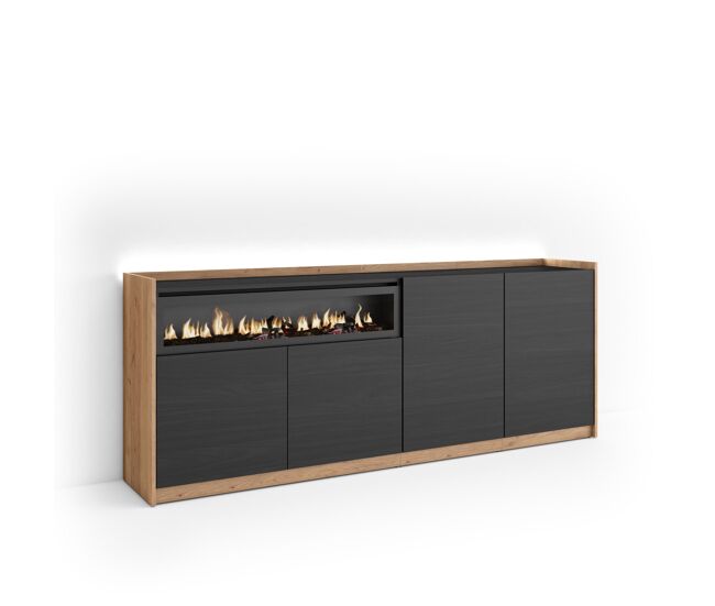 Aparador para salón, gran capacidad de almacenaje, 207x37x80cm, 4 puertas, chimenea eléctrica, led, estilo moderno, negro y roble