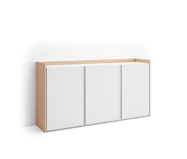 Aparador para salón, gran capacidad de almacenaje, 156x35x80cm, 3 puertas, led, estilo moderno, blanco y roble soft