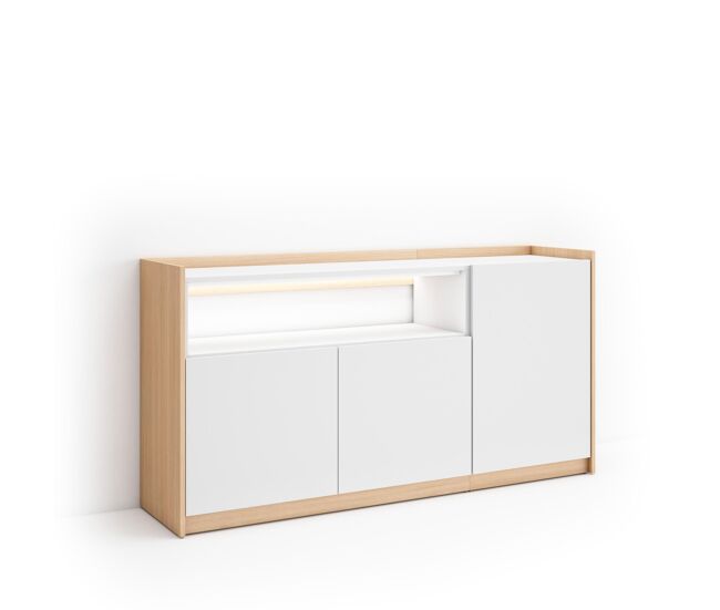 Aparador para salón, gran capacidad de almacenaje, 156x37x80cm, 3 puertas, led, estilo moderno, blanco y roble soft
