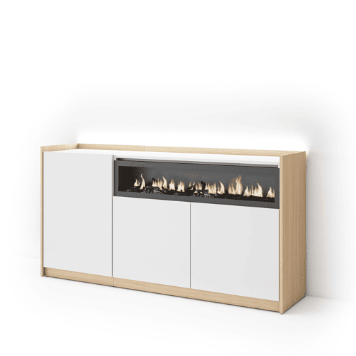 Aparador sala de jantar, Sala, Cozinha, Entrada, TV, 156x37x80cm, 3 Portas, Lareira eléctrica, LED, Estilo moderno, Branco e Carvalho soft Aparador sala de jantar, Sala, Cozinha, Entrada, TV, 156x37x80cm, 3 Portas, Lareira eléctrica, LED, Estilo moderno, Branco e Carvalho soft