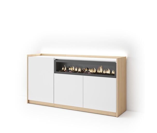 Aparador para salón, gran capacidad de almacenaje, 156x37x80cm, 3 puertas, chimenea eléctrica, led, estilo moderno, blanco y roble soft