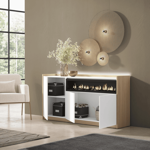 Aparador sala de jantar, Sala, Cozinha, Entrada, TV, 156x37x80cm, 3 Portas, Lareira eléctrica, LED, Estilo moderno, Branco e Carvalho soft Aparador sala de jantar, Sala, Cozinha, Entrada, TV, 156x37x80cm, 3 Portas, Lareira eléctrica, LED, Estilo moderno, Branco e Carvalho soft