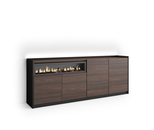 Aparador para salón, gran capacidad de almacenaje, 207x37x80cm, 4 puertas, chimenea eléctrica, led, estilo moderno, roble oscuro y negro