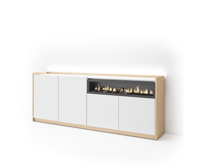 Aparador para salón, gran capacidad de almacenaje, 207x37x80cm, 4 puertas, chimenea eléctrica, led, estilo moderno, blanco y roble soft