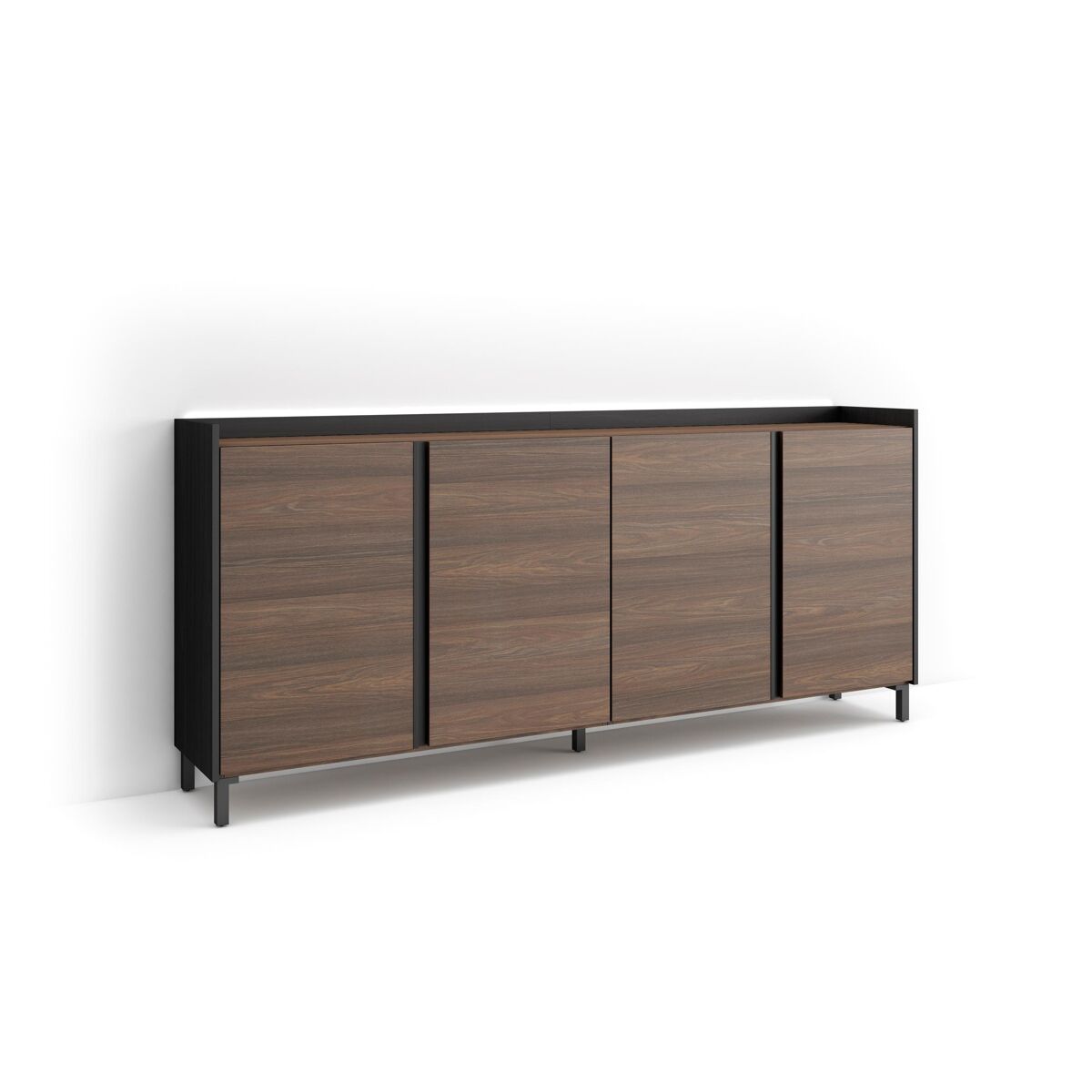 Aparador para salón, gran capacidad de almacenaje, 207x35x91cm, 4 puertas, diseño industrial, led, estilo moderno, roble oscuro y negro