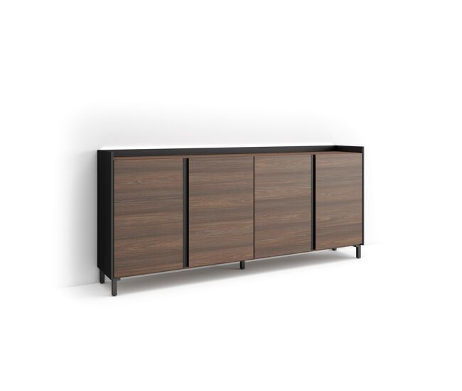 Aparador para salón, gran capacidad de almacenaje, 207x35x91cm, 4 puertas, diseño industrial, led, estilo moderno, roble oscuro y negro
