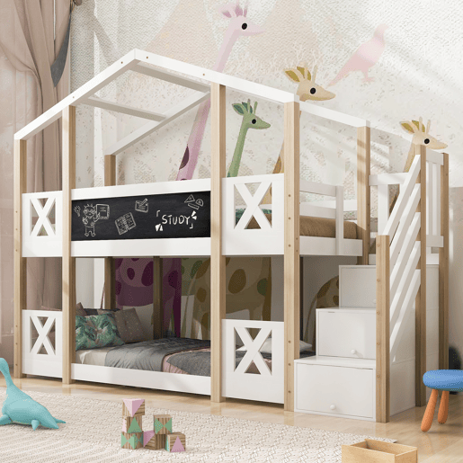 Cama beliche 90x200 cm - Cama infantil Baumhaus com escada, arrumação e proteção contra quedas - Natural e Branco