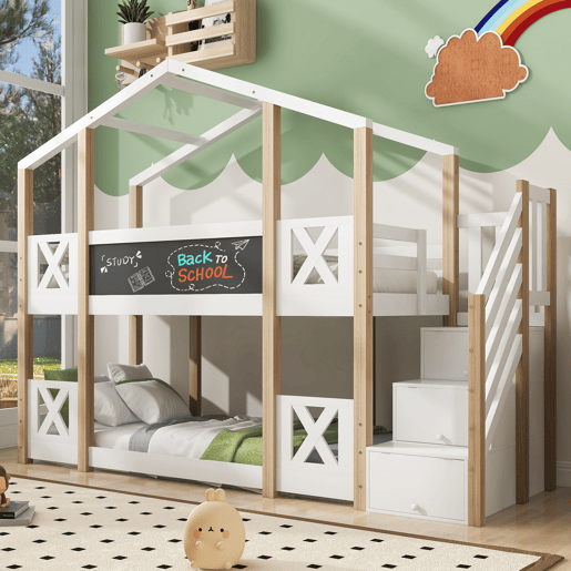 Cama beliche 90x200 cm - Cama infantil Baumhaus com escada, arrumação e proteção contra quedas - Natural e Branco