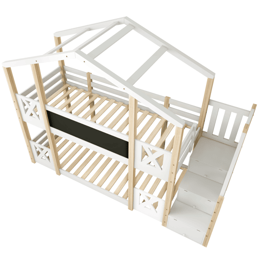 Cama beliche 90x200 cm - Cama infantil Baumhaus com escada, arrumação e proteção contra quedas - Natural e Branco