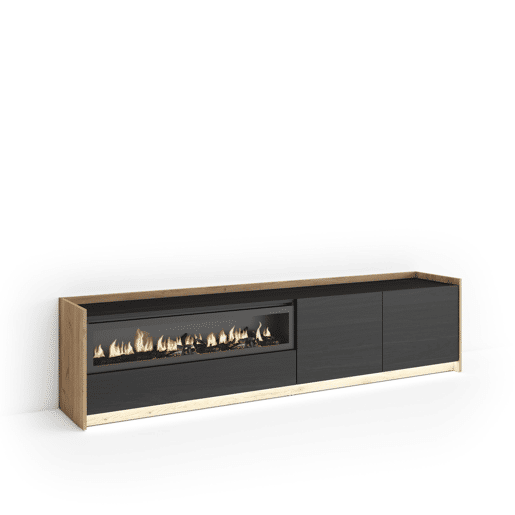 Móvel de TV, Muito espaço de arrumação, 207x37x50cm, Para televisores até 80, Lareira eléctrica, LED, Estilo moderno, Preto e Carvalho