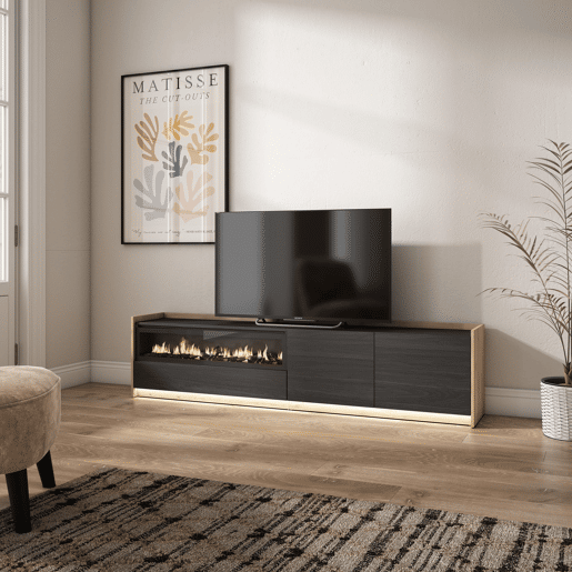 Móvel de TV, Muito espaço de arrumação, 207x37x50cm, Para televisores até 80, Lareira eléctrica, LED, Estilo moderno, Preto e Carvalho
