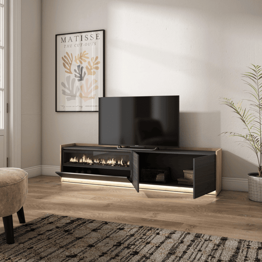 Móvel de TV, Muito espaço de arrumação, 207x37x50cm, Para televisores até 80, Lareira eléctrica, LED, Estilo moderno, Preto e Carvalho