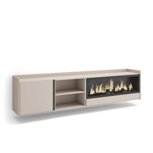 Móvel de TV, Muito espaço de arrumação, 212x35x50cm, Para televisores até 80, Lareira eléctrica XXL, Suspensos, Estilo moderno, Bege
