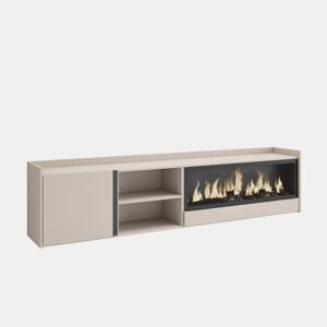 Móvel de TV, Muito espaço de arrumação, 212x35x50cm, Para televisores até 80, Lareira eléctrica XXL, Suspensos, Estilo moderno, Bege