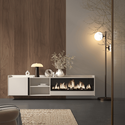 Móvel de TV, Muito espaço de arrumação, 212x35x50cm, Para televisores até 80, Lareira eléctrica XXL, Suspensos, Estilo moderno, Bege
