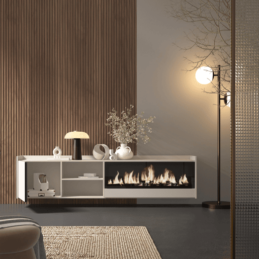 Móvel de TV, Muito espaço de arrumação, 212x35x50cm, Para televisores até 80, Lareira eléctrica XXL, Suspensos, Estilo moderno, Bege