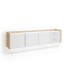 Móvel de TV, Muito espaço de arrumação, 207x35x50cm, Para televisores até 80, Suspensos, LED, Estilo moderno, Branco e Carvalho soft