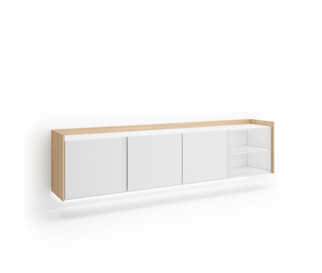 Mueble tv, televisión, muebles de salón, almacenaje, 207x35x50cm, para tv hasta 80", colgado, suspendido, led, estilo moderno, blanco y roble soft