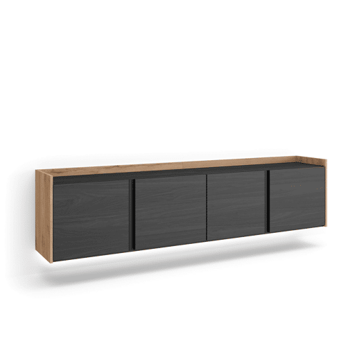 Móvel de TV, Muito espaço de arrumação, 207x35x50cm, Para televisores até 80, Suspensos, LED, Estilo moderno, Preto e Carvalho