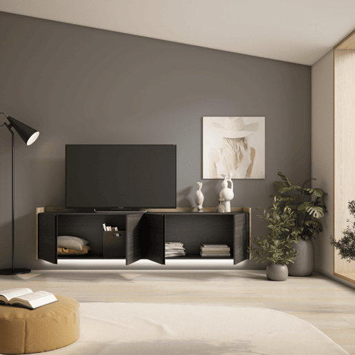 Móvel de TV, Muito espaço de arrumação, 207x35x50cm, Para televisores até 80, Suspensos, LED, Estilo moderno, Preto e Carvalho