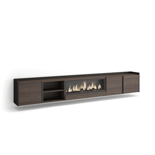 Móvel de TV, Muito espaço de arrumação, 315x35x50cm, Para televisores até 80, Lareira eléctrica XXL, Suspensos, Estilo moderno, Carvalho escuro e Preto Móvel de TV, Muito espaço de arrumação, 315x35x50cm, Para televisores até 80, Lareira eléctrica XXL, Suspensos, Estilo moderno, Carvalho escuro e Preto