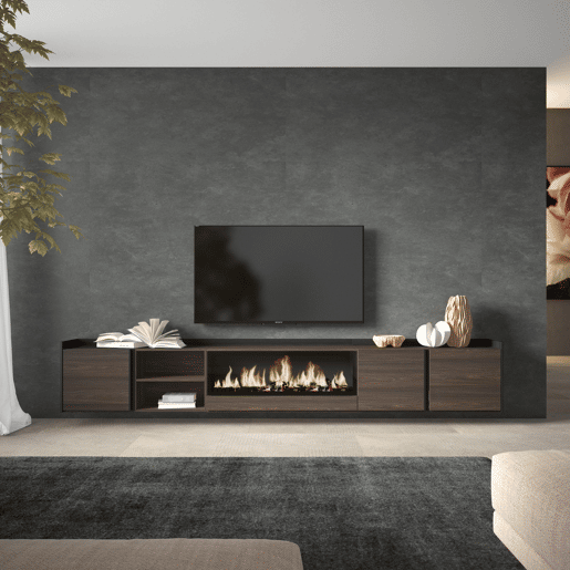 Móvel de TV, Muito espaço de arrumação, 315x35x50cm, Para televisores até 80, Lareira eléctrica XXL, Suspensos, Estilo moderno, Carvalho escuro e Preto Móvel de TV, Muito espaço de arrumação, 315x35x50cm, Para televisores até 80, Lareira eléctrica XXL, Suspensos, Estilo moderno, Carvalho escuro e Preto