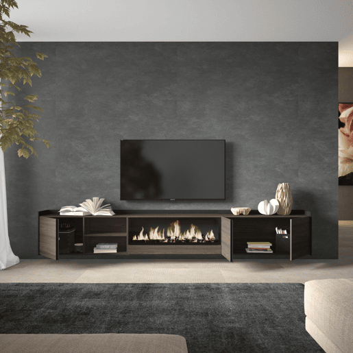 Móvel de TV, Muito espaço de arrumação, 315x35x50cm, Para televisores até 80, Lareira eléctrica XXL, Suspensos, Estilo moderno, Carvalho escuro e Preto Móvel de TV, Muito espaço de arrumação, 315x35x50cm, Para televisores até 80, Lareira eléctrica XXL, Suspensos, Estilo moderno, Carvalho escuro e Preto