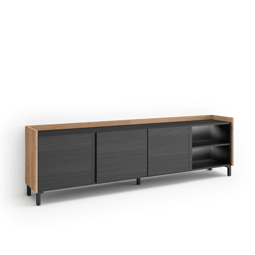Móvel de TV, Muito espaço de arrumação, 207x35x61cm, Para televisores até 80, Design industrial, LED, Estilo moderno, Preto e Carvalho Móvel de TV, Muito espaço de arrumação, 207x35x61cm, Para televisores até 80, Design industrial, LED, Estilo moderno, Preto e Carvalho