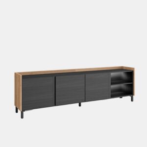 Móvel de TV, Muito espaço de arrumação, 207x35x61cm, Para televisores até 80, Design industrial, LED, Estilo moderno, Preto e Carvalho