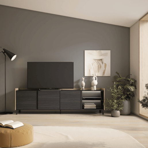 Móvel de TV, Muito espaço de arrumação, 207x35x61cm, Para televisores até 80, Design industrial, LED, Estilo moderno, Preto e Carvalho Móvel de TV, Muito espaço de arrumação, 207x35x61cm, Para televisores até 80, Design industrial, LED, Estilo moderno, Preto e Carvalho