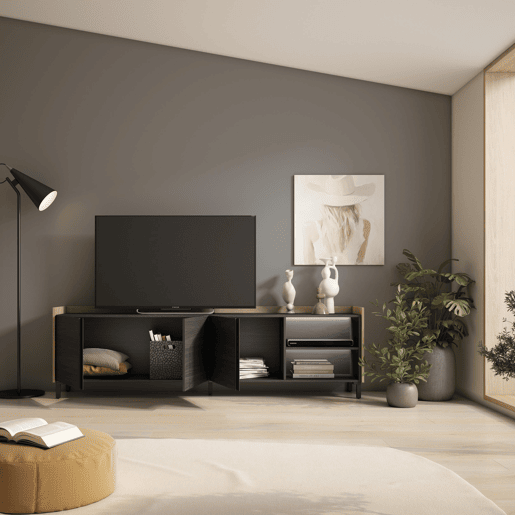Móvel de TV, Muito espaço de arrumação, 207x35x61cm, Para televisores até 80, Design industrial, LED, Estilo moderno, Preto e Carvalho Móvel de TV, Muito espaço de arrumação, 207x35x61cm, Para televisores até 80, Design industrial, LED, Estilo moderno, Preto e Carvalho