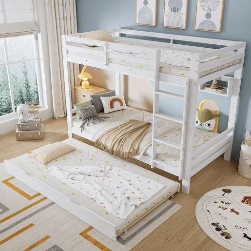 Beliche 90x200 cm - Cama extensível com rodas, prateleiras, estrutura estável - Branco
