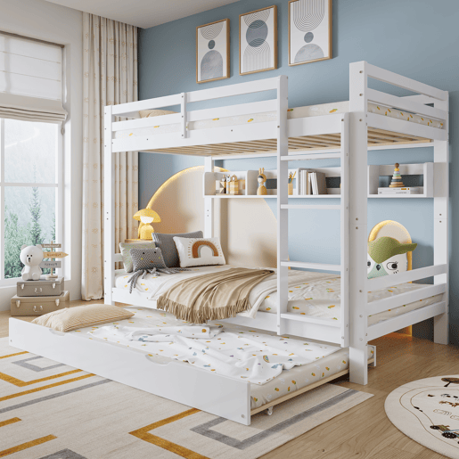 Beliche 90x200 cm - Cama extensível com rodas, prateleiras, estrutura estável - Branco