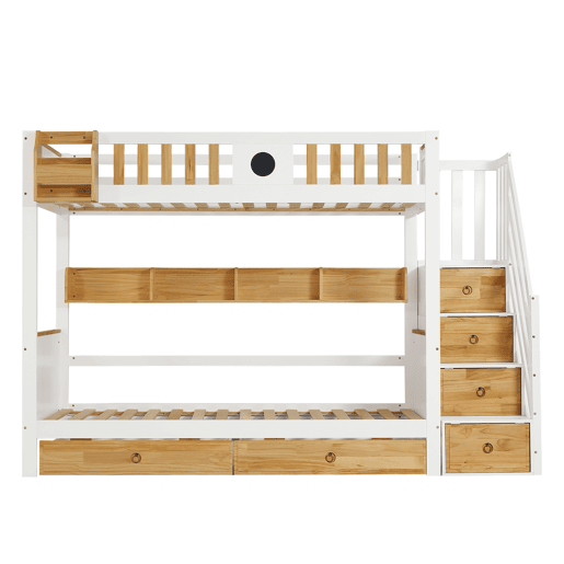 Beliche 90x200cm - Com arrumação, com 4 compartimentos na escada, com grade de segurança e 2 gavetas - Branco+Natural