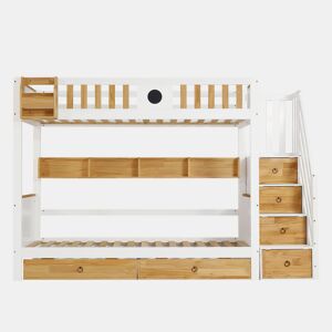 Beliche 90x200cm - Com arrumação, com 4 compartimentos na escada, com grade de segurança e 2 gavetas - Branco+Natural
