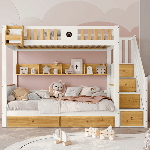 Beliche 90x200cm - Com arrumação, com 4 compartimentos na escada, com grade de segurança e 2 gavetas - Branco+Natural