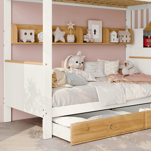 Beliche 90x200cm - Com arrumação, com 4 compartimentos na escada, com grade de segurança e 2 gavetas - Branco+Natural