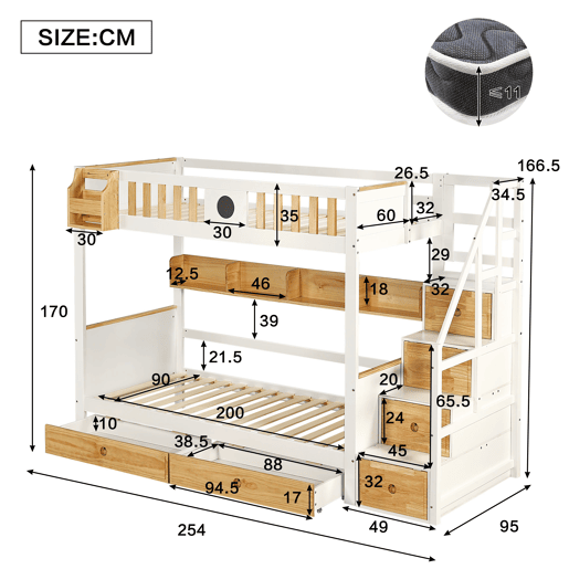 Beliche 90x200cm - Com arrumação, com 4 compartimentos na escada, com grade de segurança e 2 gavetas - Branco+Natural