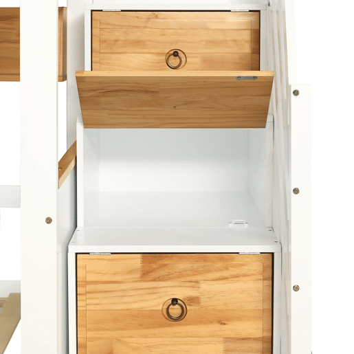 Beliche 90x200cm - Com arrumação, com 4 compartimentos na escada, com grade de segurança e 2 gavetas - Branco+Natural