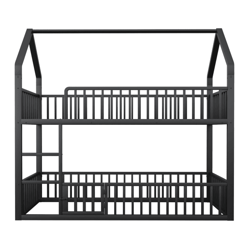 Cama beliche infantil 90x200 - Cama dupla metálica, design loft, com escada e porta pequena, preta