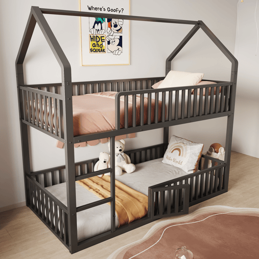 Cama beliche infantil 90x200 - Cama dupla metálica, design loft, com escada e porta pequena, preta