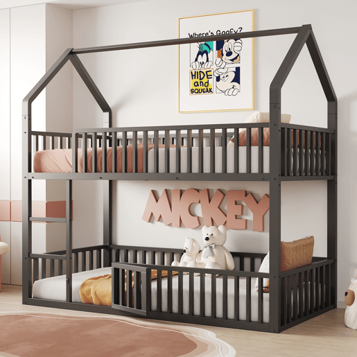 Cama beliche infantil 90x200 - Cama dupla metálica, design loft, com escada e porta pequena, preta