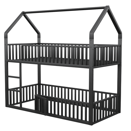 Cama beliche infantil 90x200 - Cama dupla metálica, design loft, com escada e porta pequena, preta