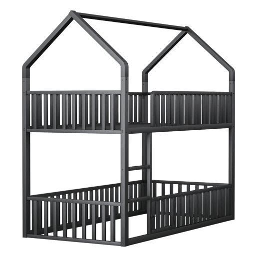 Cama beliche infantil 90x200 - Cama dupla metálica, design loft, com escada e porta pequena, preta