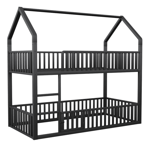 Cama beliche infantil 90x200 - Cama dupla metálica, design loft, com escada e porta pequena, preta